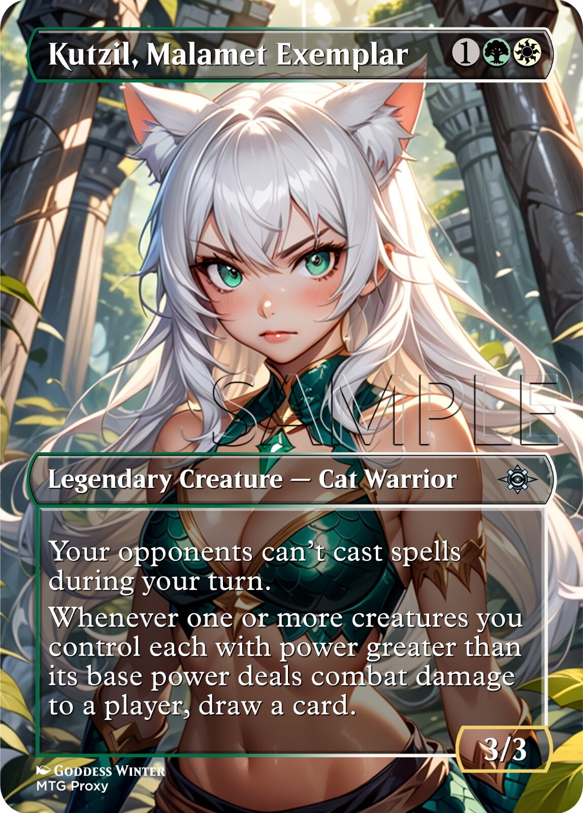 A proxy-style Magic card image for Kutzil, Malamet Exemplar with alternate art and visible SAMPLE watermark.