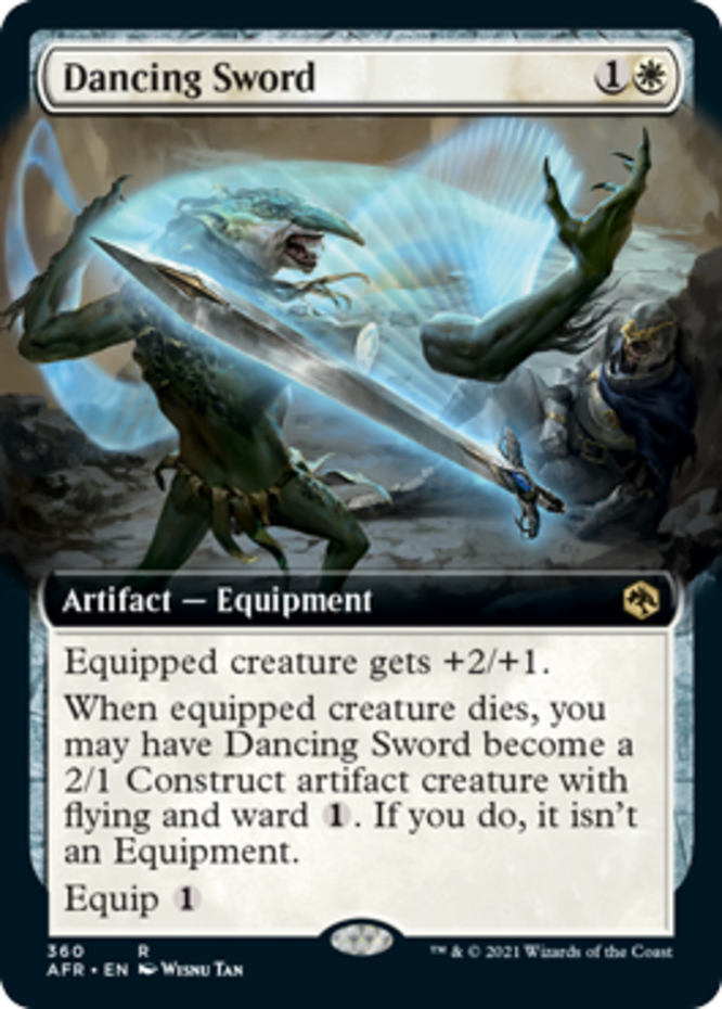 Magic card image: Dancing Sword equipment, giving equipped creature +2/+1 and becoming a creature when the equipped creature dies.