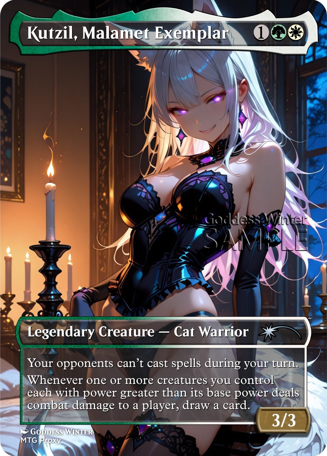 Alternate proxy-style Magic card image for Kutzil, Malamet Exemplar featuring a cat-themed character and visible SAMPLE watermark.